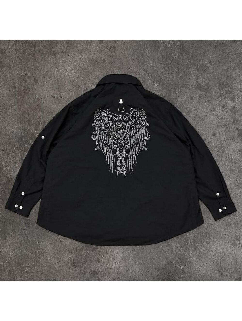 Fire Y2K Ablanche Black Button Up Shirt with White Winged Graphic